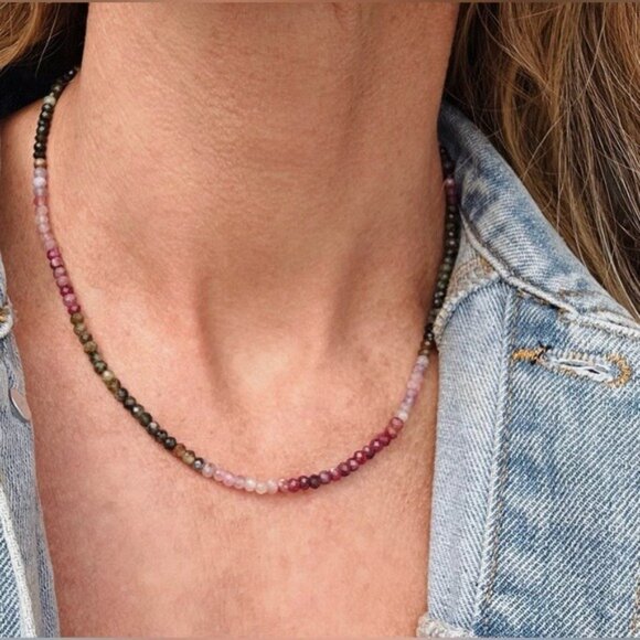 Beaded Necklace Watermelon Tourmaline Ombre Gemstone Jewelry October Birthstone - Picture 5 of 16